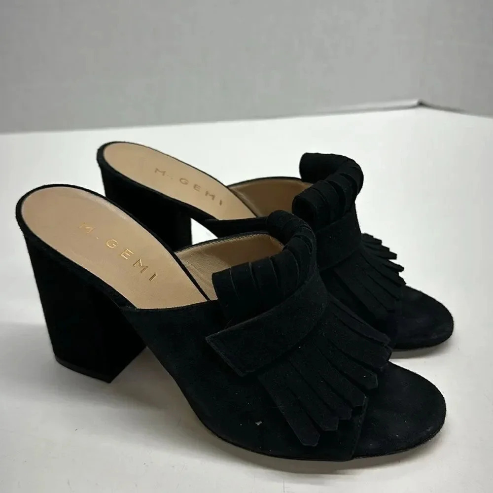 M Gemi Mules Heeled Shoes Open Toe Pumps Fringe Tassels Suede Black Size 8.5